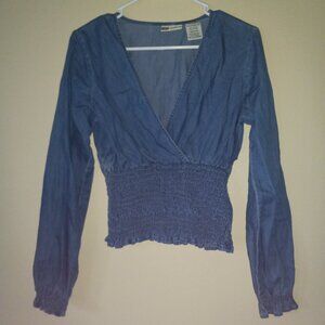 Long-Sleeve Blue Jeans Top with Fitted-Elastic Waist and Cuffs Women's S